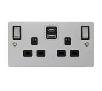 Flat Plate Polished Chrome 2 Gang 13A Dp Ingot Type A & C Usb Twin Double Switched Plug Socket - Black Trim - Se Home