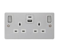 Flat Plate Polished Chrome 2 Gang 13A Dp Ingot Type A & C Usb Twin Double Switched Plug Socket - White Trim - Se Home