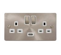 Flat Plate Satin / Brushed Chrome 2 Gang 13A Dp Ingot 1 Usb Twin Double Switched Plug Socket - White Trim - Se Home