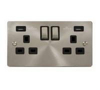 Flat Plate Satin / Brushed Chrome 2 Gang 13A Dp Ingot 2 Usb Twin Double Switched Plug Socket - Black Trim - Se Home