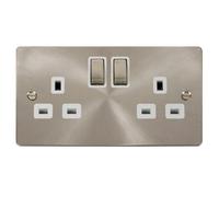 Flat Plate Satin / Brushed Chrome 2 Gang 13A Dp Ingot Twin Double Switched Plug Socket - White Trim - Se Home