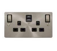 Flat Plate Satin / Brushed Chrome 2 Gang 13A Dp Ingot Type A & C Usb Twin Double Switched Plug Socket - Black Trim - Se Home
