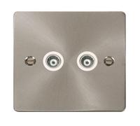 Flat Plate Satin / Brushed Chrome Twin Isolated Coaxial Socket - White Trim - Se Home