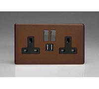 Flat Plate Screwless Mocha 2 Gang 13 Amp Socket + 2x USB Charging Port - Black Inserts