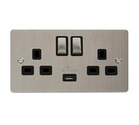 Flat Plate Stainless Steel 2 Gang 13A Dp Ingot 1 Usb Twin Double Switched Plug Socket - Black Trim - Se Home