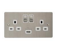 Flat Plate Stainless Steel 2 Gang 13A Dp Ingot 1 Usb Twin Double Switched Plug Socket - White Trim - Se Home