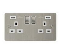 Flat Plate Stainless Steel 2 Gang 13A Dp Ingot 2 Usb Twin Double Switched Plug Socket - White Trim - Se Home