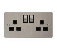 Flat Plate Stainless Steel 2 Gang 13A Dp Ingot Twin Double Switched Plug Socket - Black Trim - Se Home