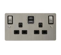 Flat Plate Stainless Steel 2 Gang 13A Dp Ingot Type A & C Usb Twin Double Switched Plug Socket - Black Trim - Se Home