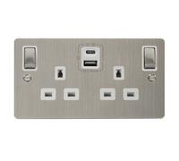 Flat Plate Stainless Steel 2 Gang 13A Dp Ingot Type A & C Usb Twin Double Switched Plug Socket - White Trim - Se Home