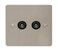 Flat Plate Stainless Steel Twin Isolated Coaxial Socket - Black Trim - Se Home
