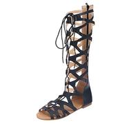 Flat Roman Sandals For Women High, Knee High Boots Women Open Toe Wide, Sweat Wicking Breathable Interior Booties, Boho Country Fashion Shoes for Daily City Walking, Mall Shopping