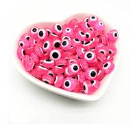 Flat Round Evil Eye Beads Handmade Resin Lampwork Beads 8mm Charms Spacer Beads with Elastic Rope for Bracelets Necklace Jewelry Craft Making (Dark Pink)