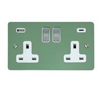 Flat Sage Green Double Socket with USB (USB-A and USB-C/Steel Switch/White Inserts) - FSG2911-SC