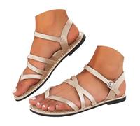 Flat Sandals For Women 2026 Crisscross Strap Adjustable Buckle Flat Roman Flat Thong Sandals PU Leather Open-Toe Thong Style Casual Walking Shoes Summer Beach Sandal