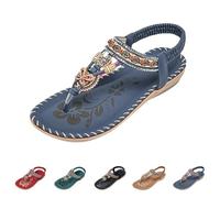 Flat Sandals For Women Comfortable,Thong Sandals For Women With Elastic Ankle Strap Open Toe Backless Bohemian Sandal With Vintage Engraved Decor Non-Slip Comfortable Cushion Summer Shoes