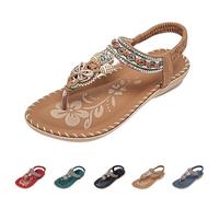 Flat Sandals For Women Comfortable,Thong Sandals For Women With Elastic Ankle Strap Open Toe Backless Bohemian Sandal With Vintage Engraved Decor Non-Slip Comfortable Cushion Summer Shoes