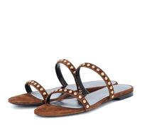 Flat Sandals for Women, Fashion Slip-on Round Open Toe Rivet Slide Sandals, Simple Leather Summer Beach Walking Flat Slippers,Brown,2 UK