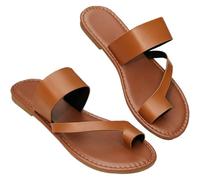 Yytcsjz Flat Sandals for Women, Toe Loop Post Slip On Backless Ladies Mule Sandals, Summer PU Leather Beach Travel Daily Flip Flops, Valgus Bunion Foot Corrector(Brown,6 UK)