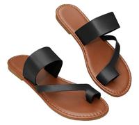 Yytcsjz Flat Sandals for Women, Toe Loop Post Slip On Backless Ladies Mule Sandals, Summer PU Leather Beach Travel Daily Flip Flops, Valgus Bunion Foot Corrector(Black,5 UK)