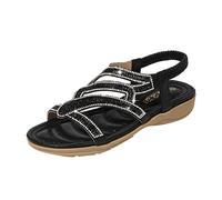 Flat Sandals For Women Wide Fit Bohemia Rhinestones Sandals With Elastic Strap Comfortable Slip On Wedge Shoes Open Toe Sandal With Arch Support Lightweight Walking Shoes For Summer Beach Vacation