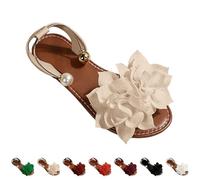 Flat Sandals For Women Wide Fit,Floral Sandals For Women Pearl Ankle Strap Sandal Breathable Open Toe Slides With 3D Flower Appliqué Lightweight Non-Slip Summer Shoes For Bride Prom Party