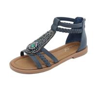 Flat Sandals for Women Zip Back Closure Gladiator Sandals Open Toe Beaded Strappy Flat Ladies Summer Roman Bohemian Shoes UK 7#1#_Blue