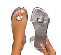 Flat Sandals With Clear Rhinestones For Women Women'S Open Toe Flat Summer Slide Sandals With Ankle Strap Glitter Dressy Flats Beach Walking Shoes Comforts Slip On Slippers With Diamond