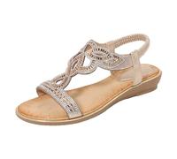 Flat Sandals Women's Bohemian T-Strap Women's Sandals Wide Feet Sandals Rhinestone Outdoor Shoes Soft Padded Slip On Slippers Holiday Slippers Breathable Walking Sandals Beach Shoes, gold, 6 UK