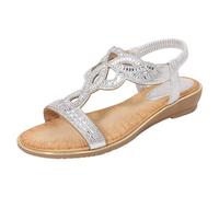 Flat Sandals Women's Bohemian T-Strap Women's Sandals Wide Feet Sandals Rhinestone Outdoor Shoes Soft Padded Slip On Slippers Holiday Slippers Breathable Walking Sandals Beach Shoes, silver, 5 UK