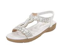 Flat Sandals Women's Summer Bohemia Leisure Sandals with Rhinestone Women T-Strap Non-Slip Beach Shoes Sandals Wide Feet Women's Lightweight Orthopaedic Sandals Summer Shoes, silver, 5 UK