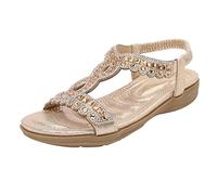 Flat Sandals Women's Summer Bohemia Leisure Sandals with Rhinestone Women T-Strap Non-Slip Beach Shoes Sandals Wide Feet Women's Lightweight Orthopaedic Sandals Summer Shoes, gold, 9 UK