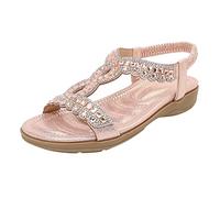 Flat Sandals Women's Summer Bohemia Leisure Sandals with Rhinestone Women T-Strap Non-Slip Beach Shoes Sandals Wide Feet Women's Lightweight Orthopaedic Sandals Summer Shoes, pink, 9 UK