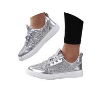 Flat Sequins Trainers for Women Durability Low Top Trainers Casual Lace Up Slip-Resistant Walking Shoes Glossy Finish Daily Wear Outdoor Sneakers Lightweight Tennis Shoes Classic Fashion 2026 Silver