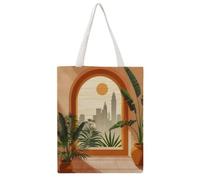Flat Terracotta Arch Indoor Foliage City Sunset Vista 03 Daily Must-Have Canvas Tote Bag, Reusable Eco-Friendly Shopping Grocery Bag, Casual Fashion Shoulder Handbag, Versatile Stylish Bag for Women C