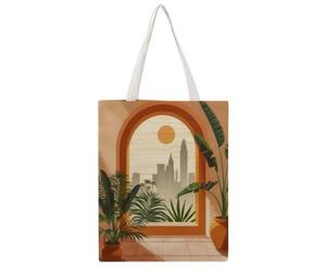 Flat Terracotta Arch Indoor Foliage City Sunset Vista 03 Daily Must-Have Canvas Tote Bag, Reusable Eco-Friendly Shopping Grocery Bag, Casual Fashion Shoulder Handbag, Versatile Stylish Bag for Women C