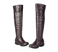 Flat Thigh Over The Knee High Boots for Women Faux Leather Riding Tall Boots Pull on Low Heel Vintage Long Sexy Dress Booties for Ladies Brown Footwear Gift Size 10