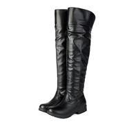 Flat Thigh Over The Knee High Boots for Women Faux Leather Riding Tall Boots Pull on Low Heel Vintage Long Sexy Dress Booties for Ladies Black Footwear Gift Size 7.5