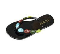 Flat Thin Soled Toe Thong Sandals Women's Slip Flip Flops Colorful Stone Decor beach Sandal Versatile Rhinestone Patterned Toe Sandals Non-Slip Summer Beach Slides Vacation & Daily Wear