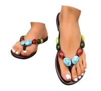 Flat Thin Soled Women's Slip Flip Flops Versatile Rhinestone Patterned Toe Sandals Colorful Stone Decor Toe Thong Sandal Non-Slip Summer Beach Slides Vacation & Daily Wear