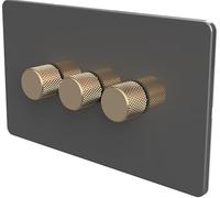 Flat Trailing Edge 2 Way LED Dimmer Switch Rotary Push On/Off for Dimmable LED and Halogen Lights - Grey/Brass 3-Gang