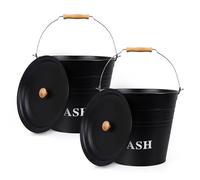 Flatro Ash Bucket with Lid for Fireplaces | (Pack of 2) 12L Metal Bucket for Hot Ashes (with Wooden Handle) | Does the Job Well for Coal, Wood, Ashes, Kindling & More