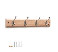 Flatro Coat Hooks Wall-Mounted | Bamboo Coat Rack with 4 Zinc Alloy Hooks to Hang Hats, Jackets, Bags, Keys, Towels | Best Suited for Home Entrances, Bedrooms, Bathrooms, Kitchens | Fixings Included