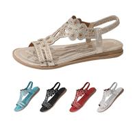 Flats Sandals for Women Wide Width Casual Sandals Comfortable Walking Open Toe Slip On Shoes with Ankle Elastic Jeweled Bohemian Flats Vacation Wedding Dressy Summer Beach Shoes