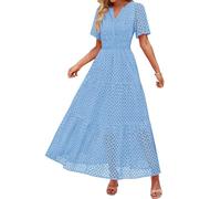 Flattering Dresses for Older Women 2026 Chiffon Short Sleeve V Neck Hollow Out Eyelet A Line Long Flowy Swing Beach Travel Holiday Vacation Dresses for Dinner Party Sky Blue