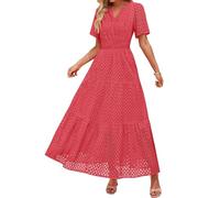 Flattering Dresses for Older Women 2026 Chiffon Short Sleeve V Neck Hollow Out Eyelet A Line Long Flowy Swing Beach Travel Holiday Vacation Dresses for Dinner Party Watermelon Red