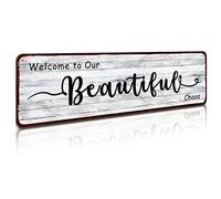 Flavas Funny Welcome Signs, Welcome to Our Beautiful Chaos Wall Art, Welcome Home Sign, Rustic Farmhouse Living Room Entryway Wall Decor Artwork, 4x16 Inch