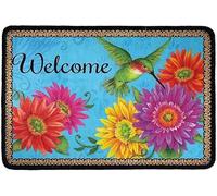 Flavas Welcome Door Mat Hummingbird Gerberas Print Indoor Outdoor Non Slip Rubber Durable Washable Home Decorative Doormats Rugs for Entrance Bedroom Bathroom Kitchen 24x16 Inch