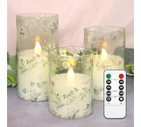 FLAVCHARM Glass Flameless Candles Flickering Battery Operated LED Pillar Candles Set of 3 with Timer and and 10-Key Remote Green Branch Floral Spring Summer Theme for Wedding Festival Home Decoration