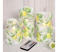 FLAVCHARM Lemon Glass Flameless Candles with Remote Timer Battery Operated LED Flicker Real Wax Pillar Candles Spring Summer Lemonade Party Kitchen Table Dinner Christmas Holiday Decor D3 x H4, 5", 6"